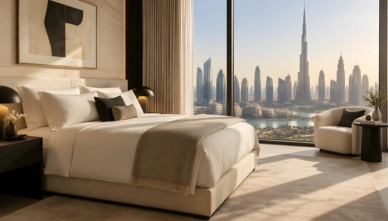A prepared bedroom with a view of Downtown Dubai