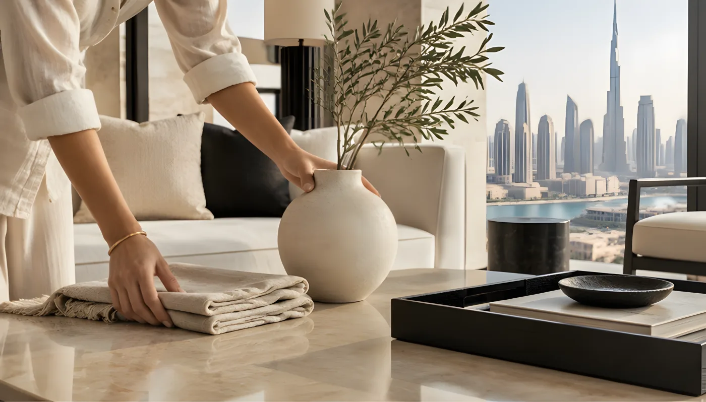 Housekeeping preparing a living room between stays