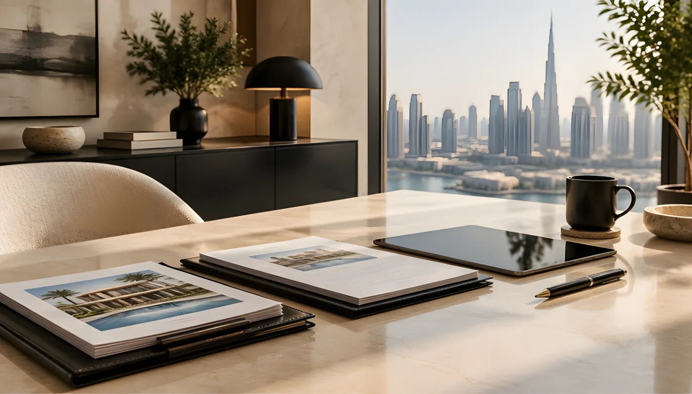 Property documents and a tablet on a desk overlooking Dubai