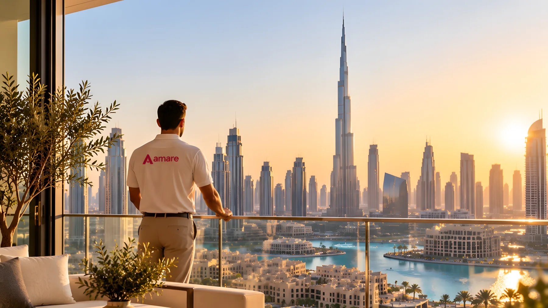 An Amare team member on a balcony overlooking Downtown Dubai and the Burj Khalifa